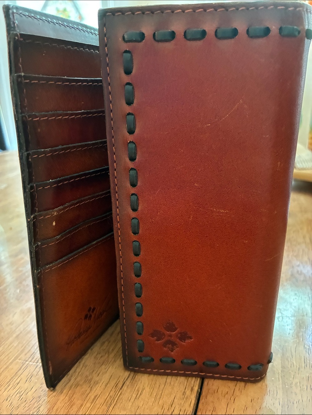 Patricia Nash Terresa Patchwork Leather Trifold Wallet (Beet color)
